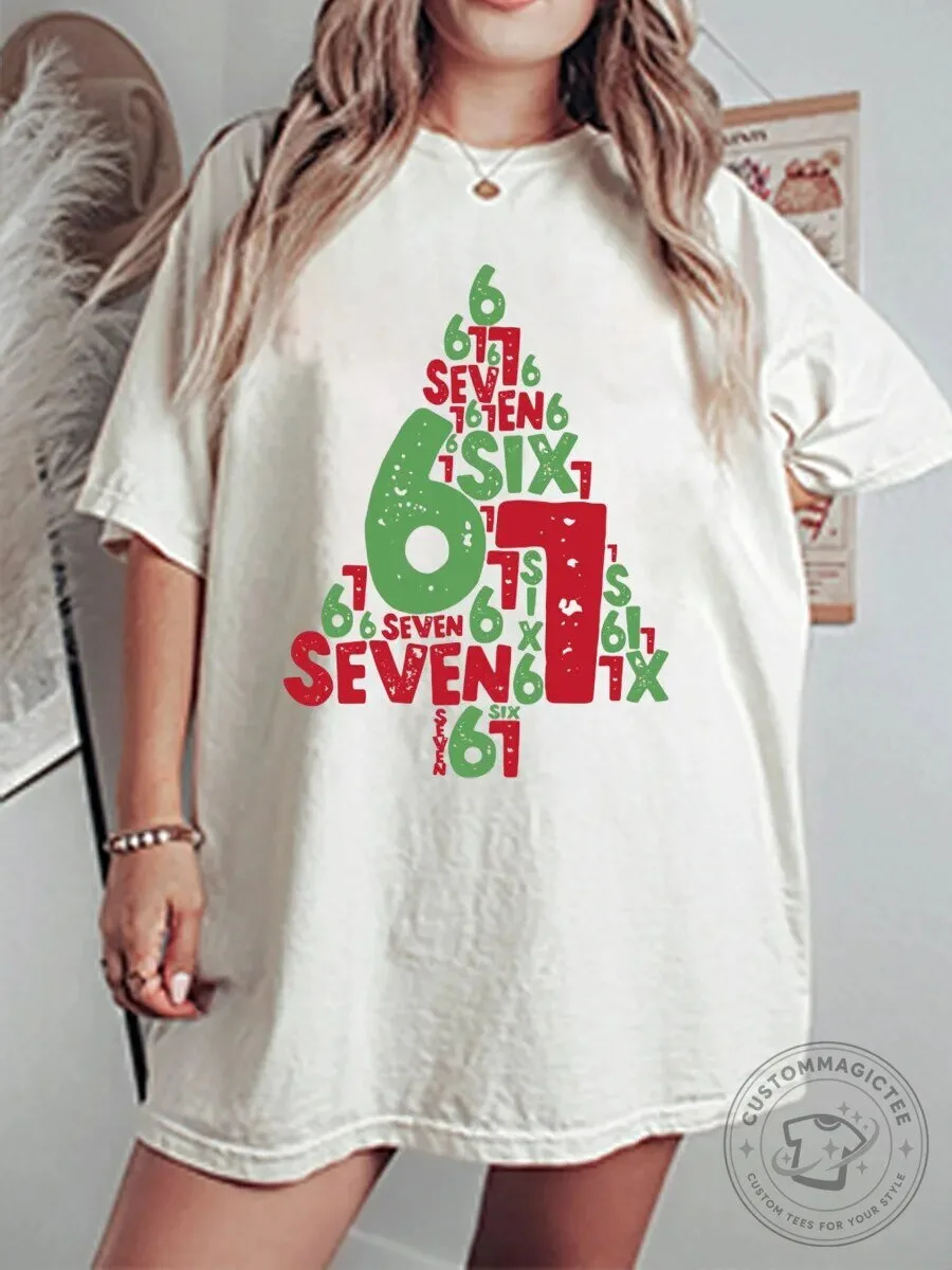 Vintage Christmas Tree Six Seven Numbers Graphic Oversized T-Shirt