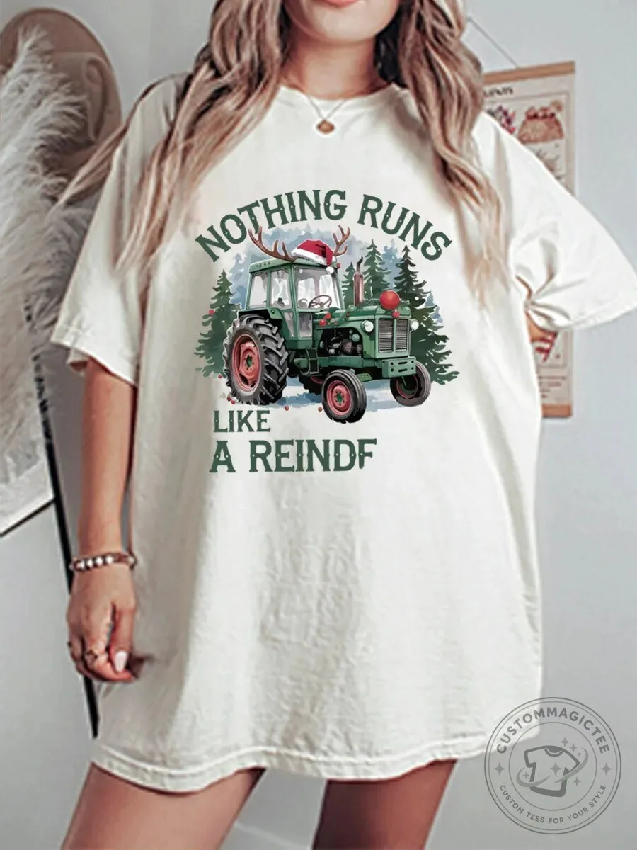 Reindeer Christmas Tractor Graphic T-Shirt - Nothing Runs Like It