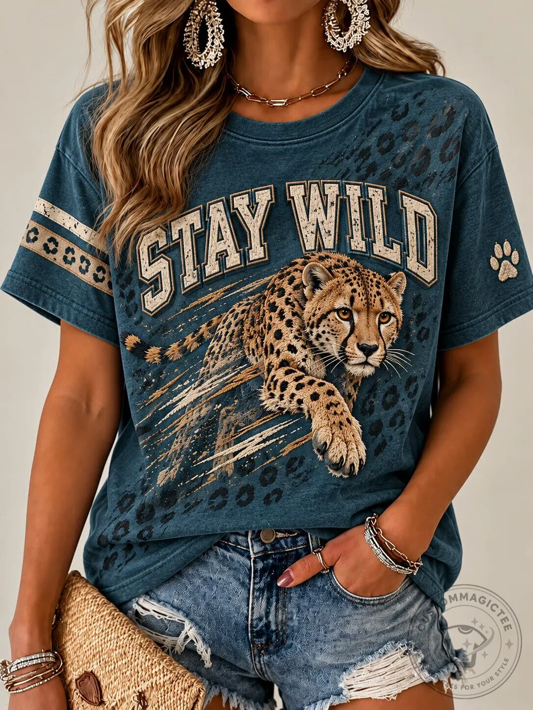 Stay Wild Cheetah Animal Print Casual Short Sleeve T-Shirt