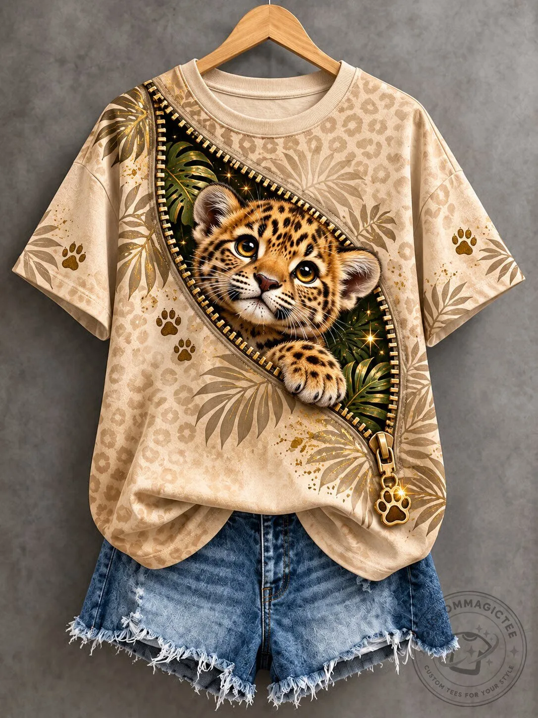 Cute Baby Leopard Cub Peeking Out of Zipper Pocket Animal Print T-Shirt